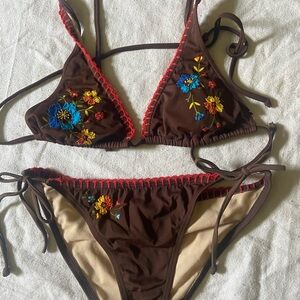 Raisins Brown Boho Bikini with Floral Embroidery Ties
